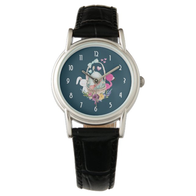 Montre Oeuf mignon, Flamant rose rose et lapin, Aquarelle (devant)