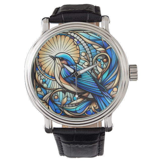 Montre Oiseau bleu éthérée perché sur la fenêtre (devant)