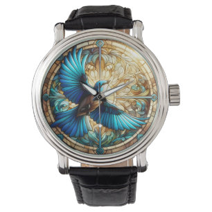 Montre Oiseau bleu serein perché sur du verre tendu