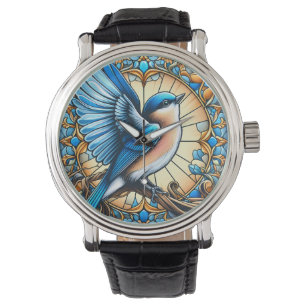 Montre Oiseau bleu vif perché sur du verre tendu