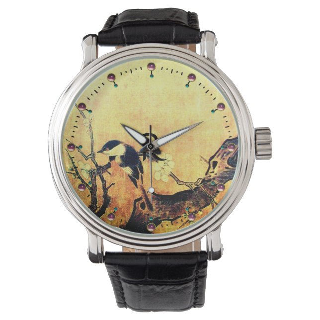 Montre OISEAU DE PRINTEMPS, FLEURS ARBRE Jaune or Brown M (devant)