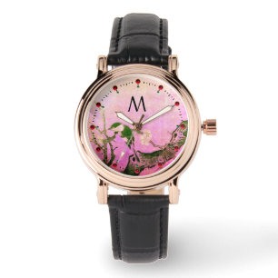 Montre OISEAU DE PRINTEMPS, FLEURS ARBRE noir Monogramme