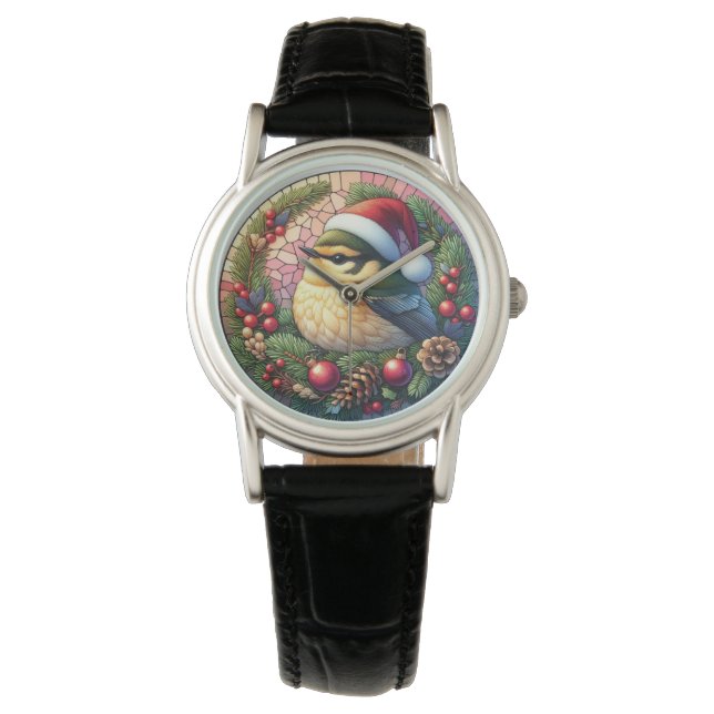 Montre Oiseau en cuir noir en verre de Noël (devant)