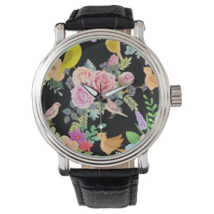 Montre Oiseaux et fleurs colorés et vibrants sur fond noi