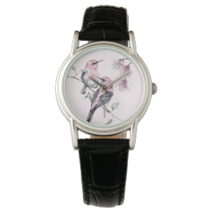 Montre Oiseaux et fleurs roses en aquarelle