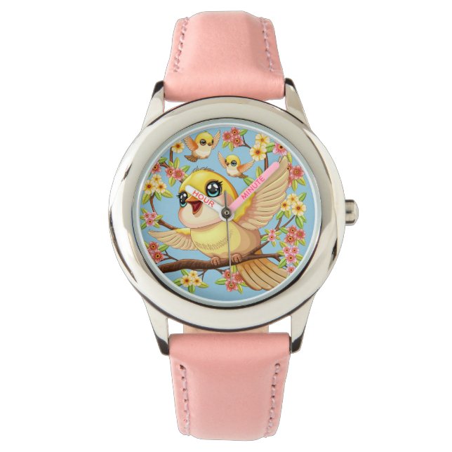 Montre Oiseaux mignons et heureux parmi les fleurs du pri (devant)