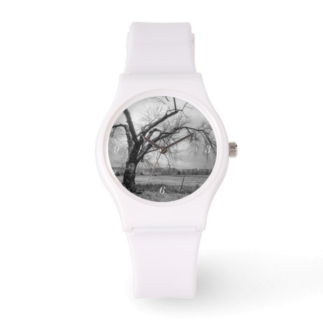 Montre Old Winter Tree Gris Regarder blanc (Recto)