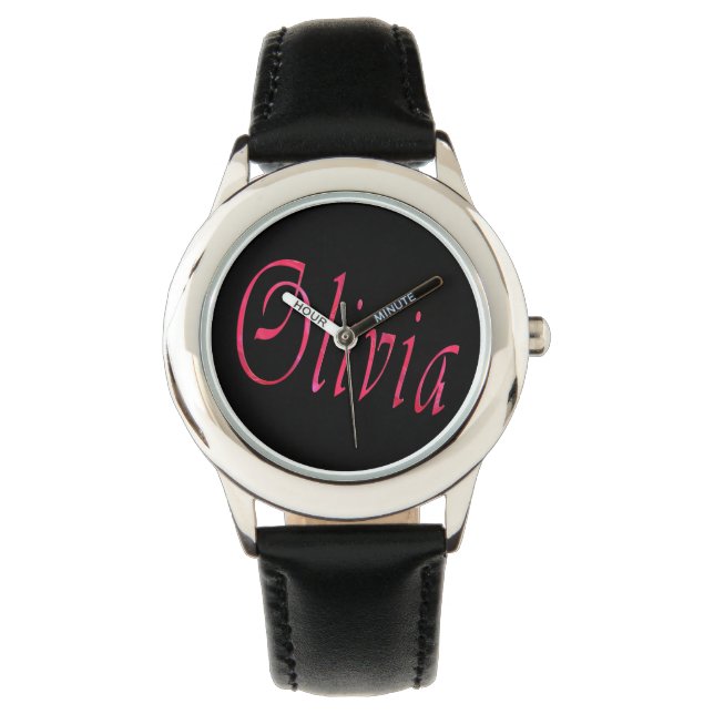 Montre Olivia, Nom, Logo, Girls Black Leather Watch. (devant)