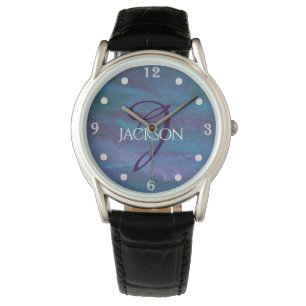 Montre Ombre bleue Abstraite   Monogramme violet violet T