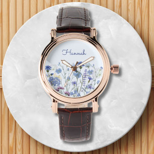 Montre Ombre de Fleur sauvage d'aquarelle bleu monogramme