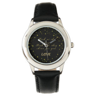 Montre Or personnalisé et étoiles brillantes sur noir