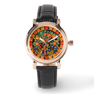 MONTRE ORANGE ARBRE AVEC FEUILLES VERTS, FLEURS