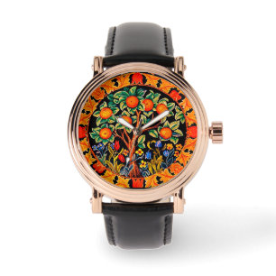 MONTRE ORANGE ARBRE AVEC FEUILLES VERTS, FLEURS