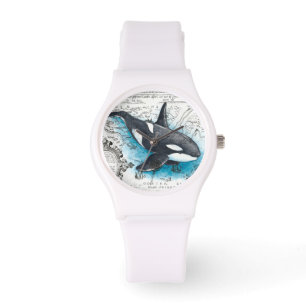 Montre Orca Baleine Bleu Aquarelle Carte Nautique