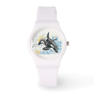 Montre Orca Tiller Whale Jumer dans les vagues Aquarelle
