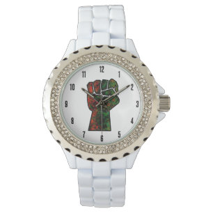 Montre orgueil noir poing vert rouge pan drapeau africain