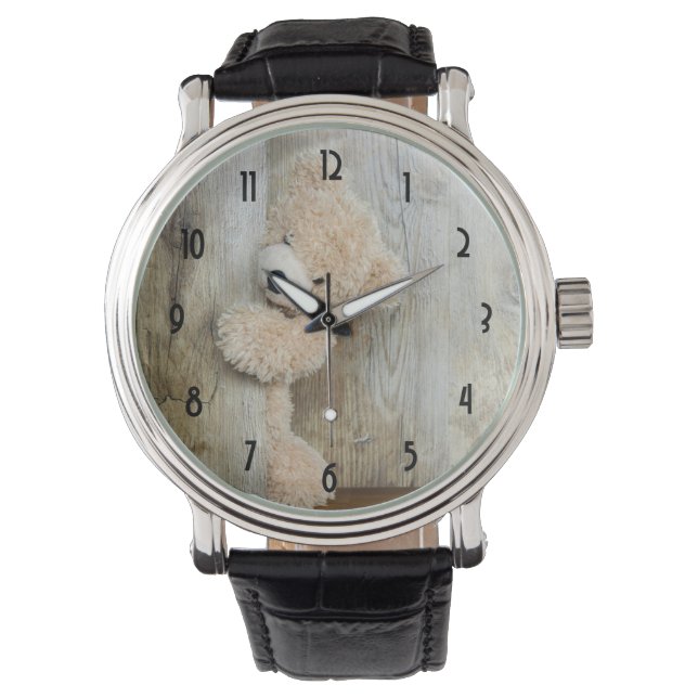 Montre Ours Cute Stuffé Mur Rustique En Bois (devant)