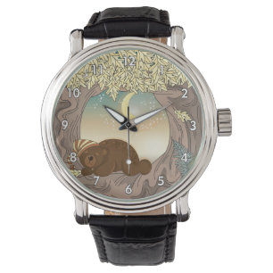 Montre Ours dormant dans les bois sous la lune