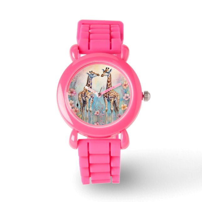 Montre Paire de girafes dans un jardin pastel (Recto)
