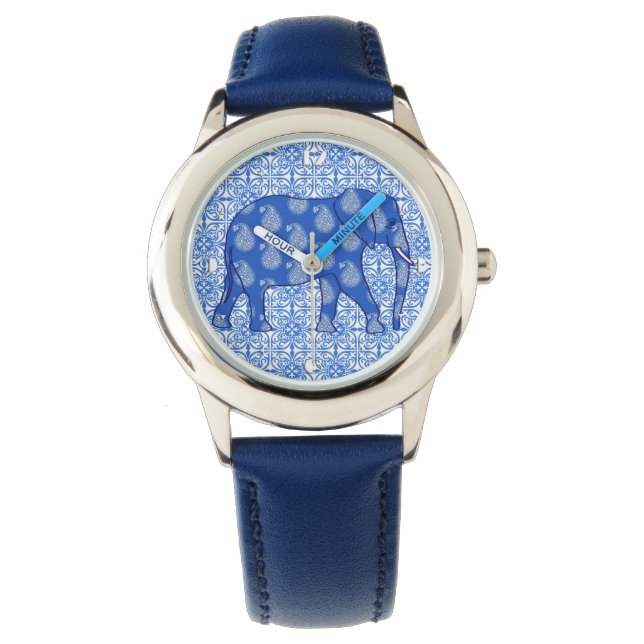 Montre Paisley éléphant - bleu cobalt et blanc (devant)