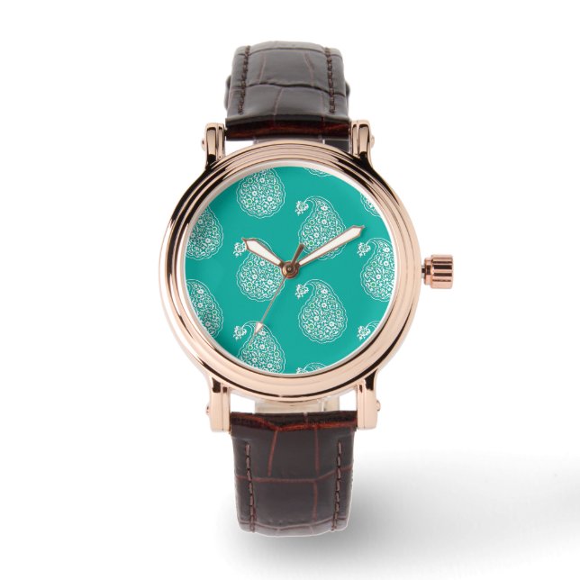Montre Paisley perse - blanc sur turquoise (Recto)