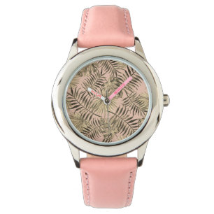 Montre Palm monstère feuille tropicale pêche rose et or