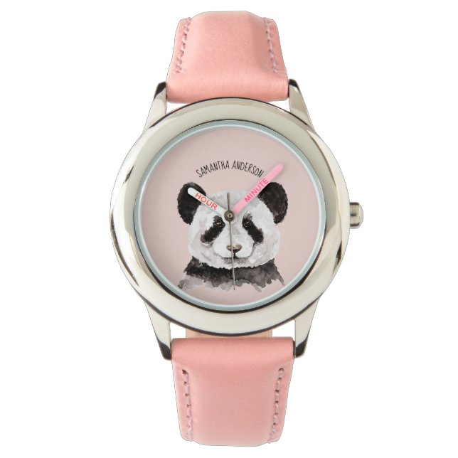 Montre Panda Aquarelle Moderne Avec Nom Et Pastel Rose (devant)