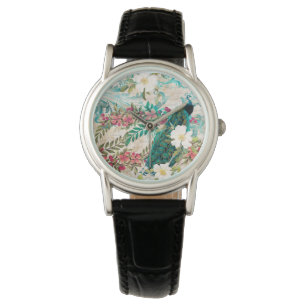 Montre Paon et fleurs illustrés antiques