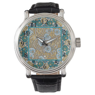 Montre papier peint bleu art nouveau cyclamen