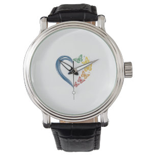Montre Papillon arc-en-ciel cœur design de gravure vintag
