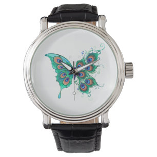 Montre Papillon aux plumes de paon vert