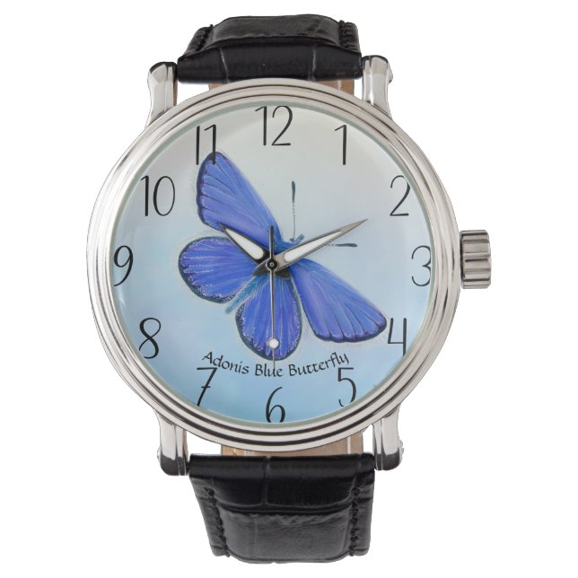Montre Papillon bleu Adonis Aquarelle Peinture Grande (devant)