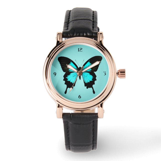 Montre Papillon - bleu turquoise et noir (Recto)