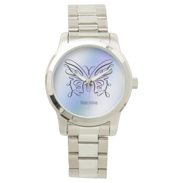 Montre Papillon bleu violet Holographique Nom du monogram (devant)