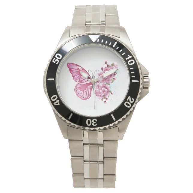 Montre Papillon de fleurs avec Sakura rose (devant)