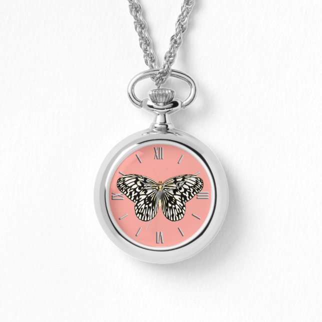 Montre Papillon noir et blanc, arrière - plan corail rose (Recto)