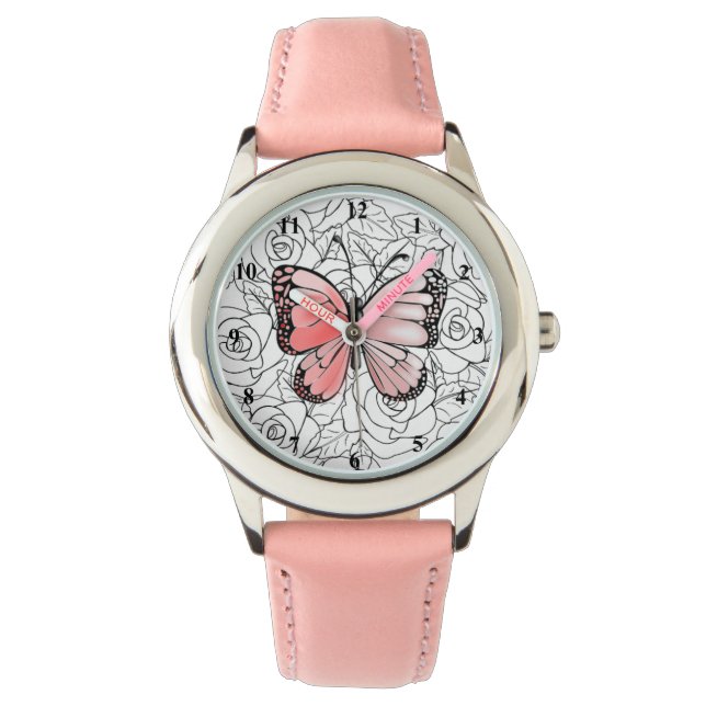 Montre Papillon Rose Et Art Rose - (devant)