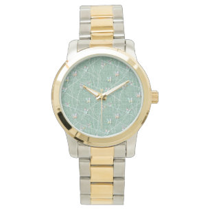 Montre Papillons à l'aquarelle sur fond vert menthe
