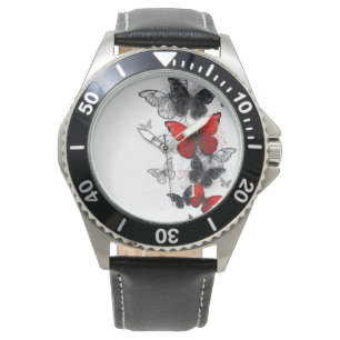 Montre Papillons noirs et rouges volants