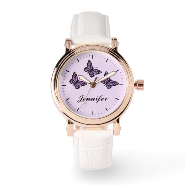 Montre Papillons Violets Et Nom Personnalisé (Recto)