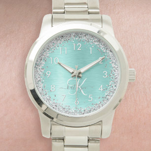 Montre Parties scintillant argentée turquoise en métal br