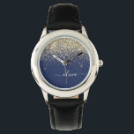 Montre Parties scintillant Bleu de la Marine d'or Script<br><div class="desc">Parties scintillant Blue et Gold Sparkle de la marine Script Monogramme Nom Monographie. Cela rend le cadeau parfait pour 16 ans,  mariage,  douche nuptiale,  anniversaire,  baby shower ou bachelorette pour quelqu'un qui aime le luxe glam et les styles chic.</div>