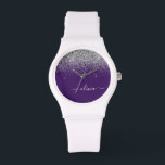Montre Parties scintillant d'argent violet Girl Nom du mo<br><div class="desc">Parties scintillant à étincelles violet et argenté Script Monogramme Nom Monographie. Cela fait le cadeau parfait de remise de diplômes,  anniversaire,  mariage,  douche nuptiale,  anniversaire,  baby shower ou bachelorette pour quelqu'un qui aime le luxe glam et les styles chic.</div>