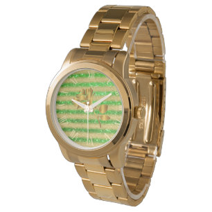 Montre Parties scintillant d'or de luxe Green Floral cade