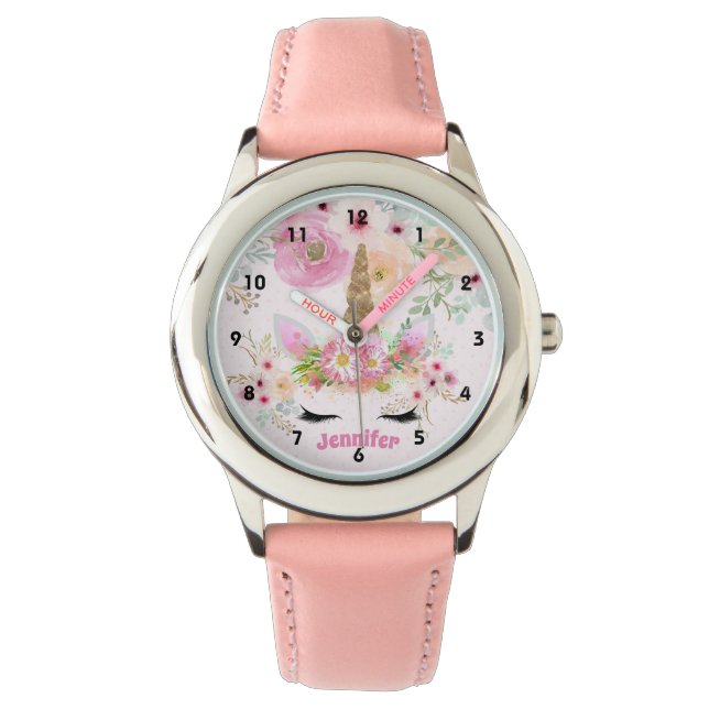 Montre Parties scintillant en or rose Unicorne Fleurs Vis (devant)