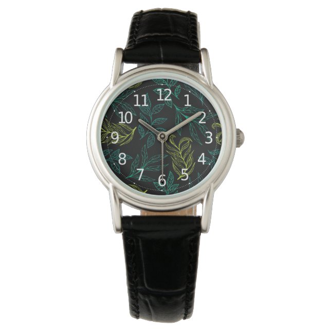 Montre Pattern de Botanical Green & Yellow Leaves | (devant)