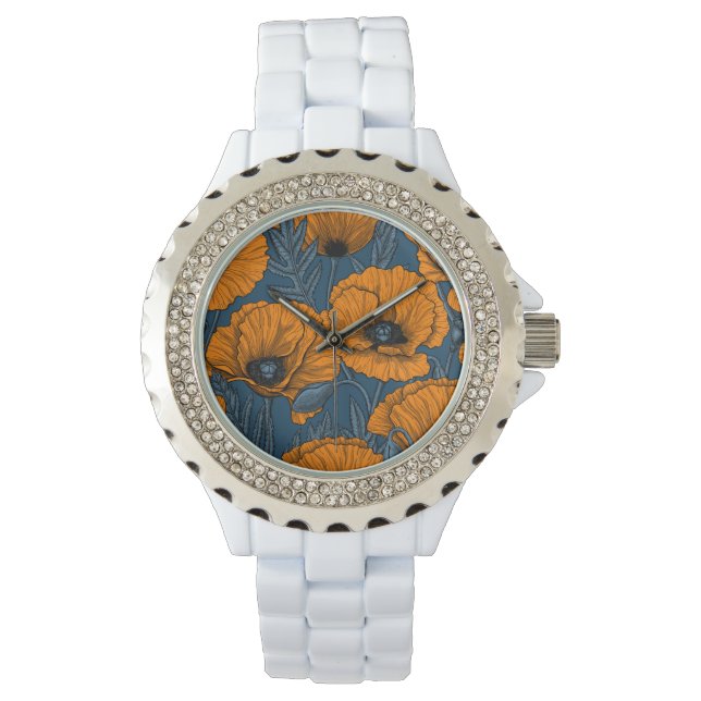 Montre Pavot orange sur bleu foncé (devant)
