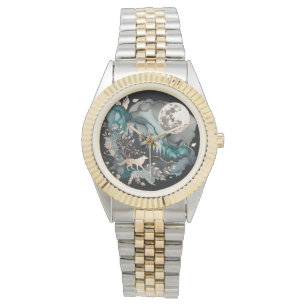 Montre Paysage de loup et lune or Turquoise