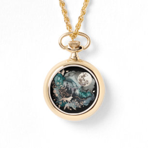 Montre Paysage de loup et lune or Turquoise