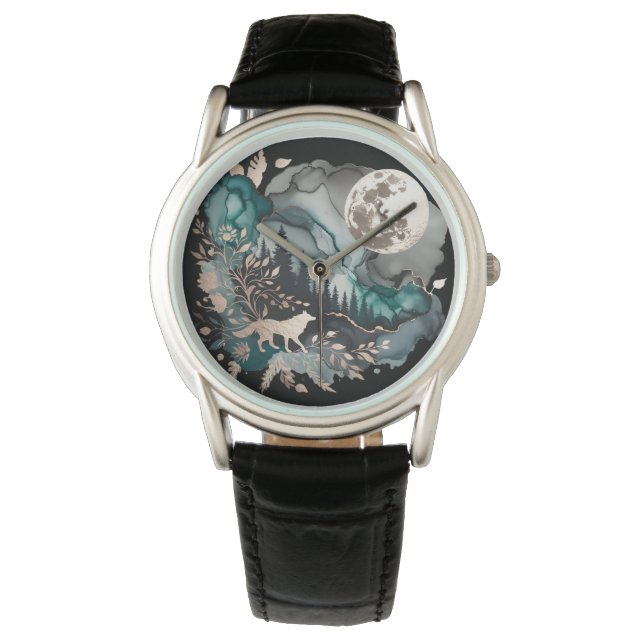 Montre Paysage de loup et lune or Turquoise (devant)